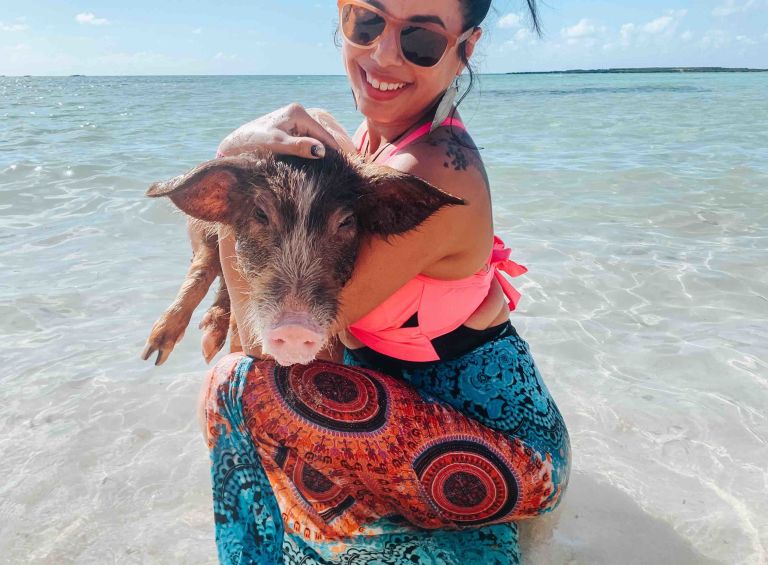 A Person Holding A Pig In The Water